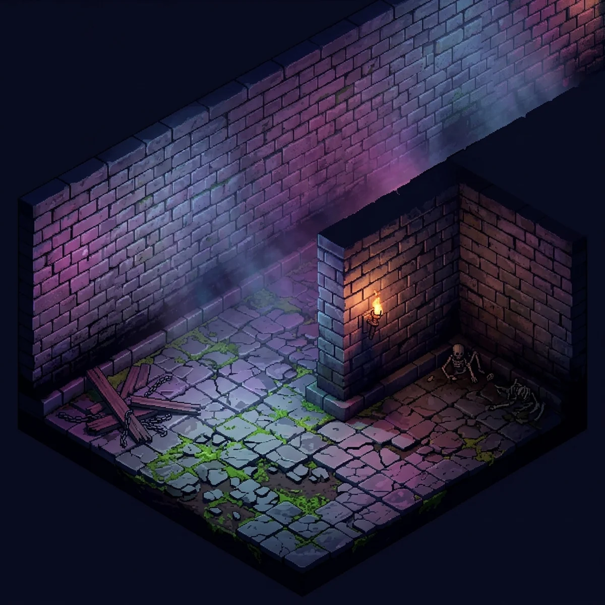 Sala de masmorra em pixel art vista de cima com paredes de pedra em vista 3/4, chão de lajotas e cantos internos e externos