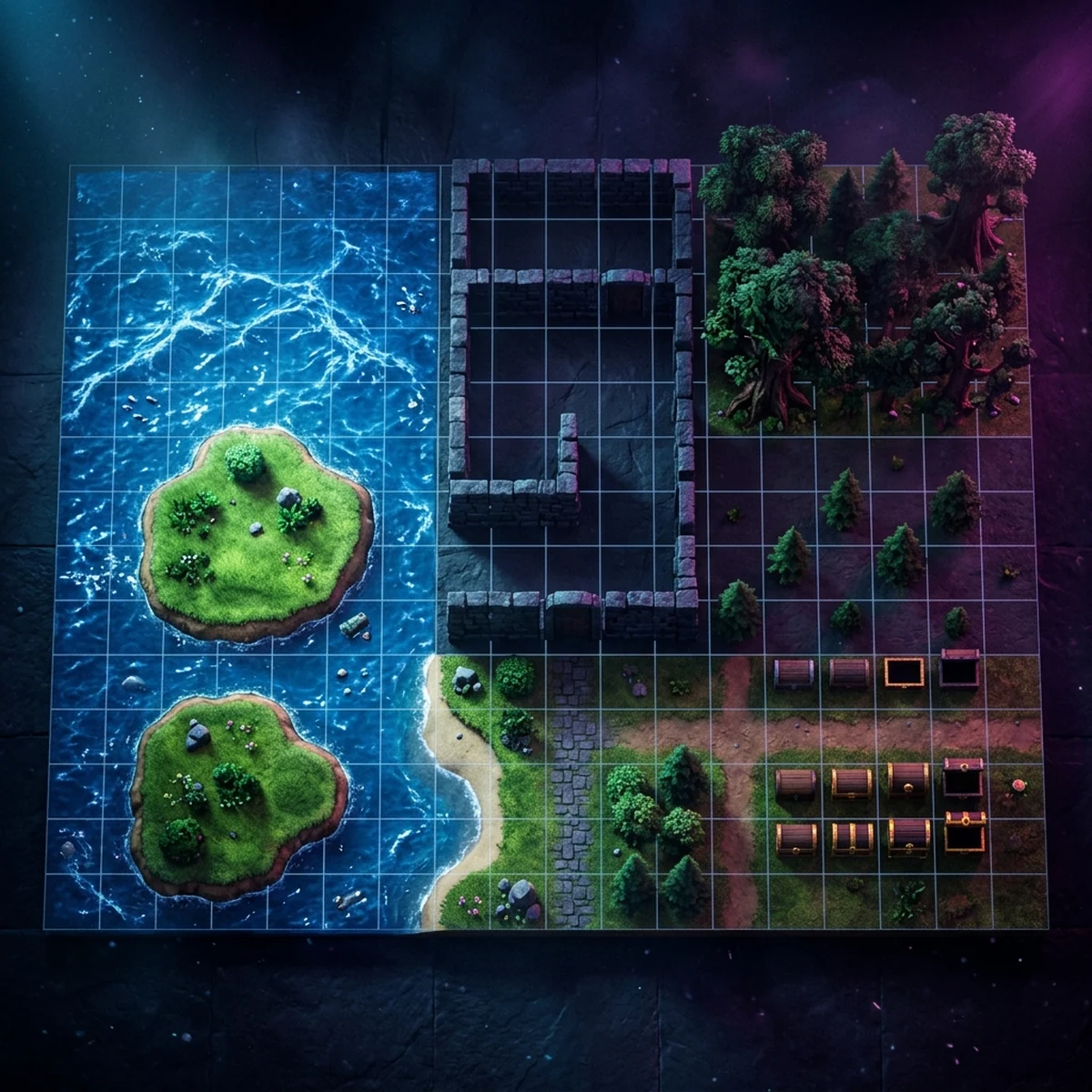 Folha de tileset de RPG com grade de 48 pixels mostrando água animada, grama com bordas, paredes e objetos