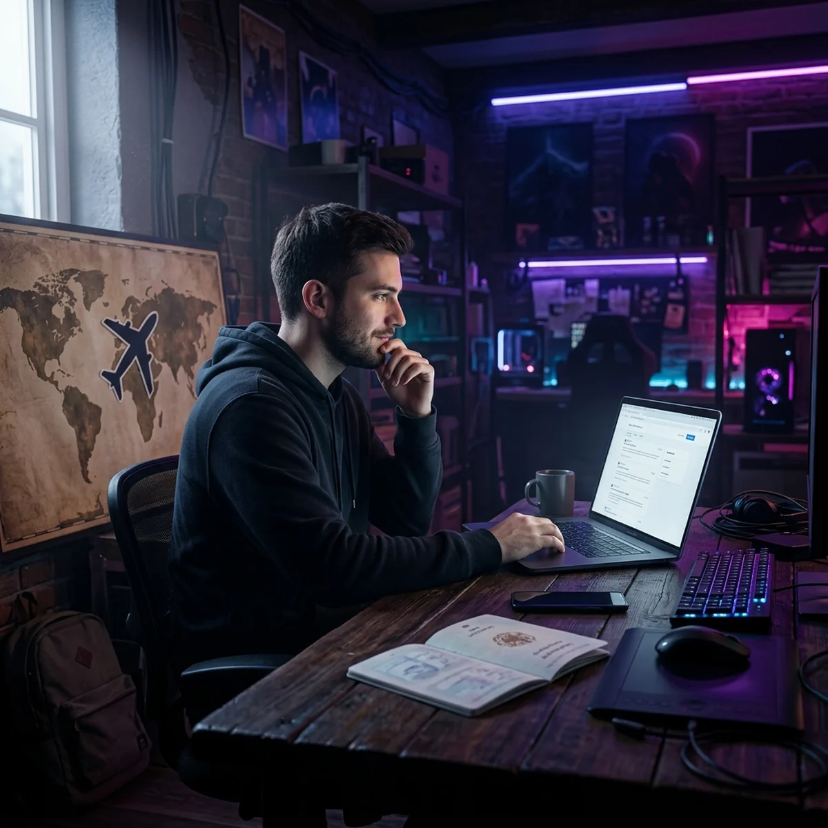Desenvolvedor de jogos na mesa com mapa-múndi, passaporte e laptop com vagas
