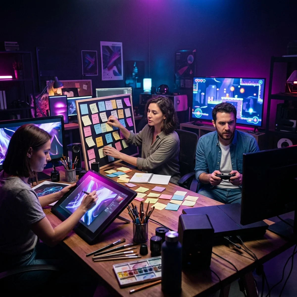Equipe de desenvolvimento de jogos com artista 2D, game designer e analista de QA trabalhando lado a lado sem escrever código