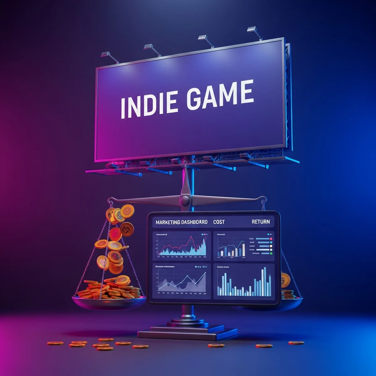 Desenvolvedor indie analisando o painel de uma campanha de anuncios ao lado da pagina do seu jogo na Steam