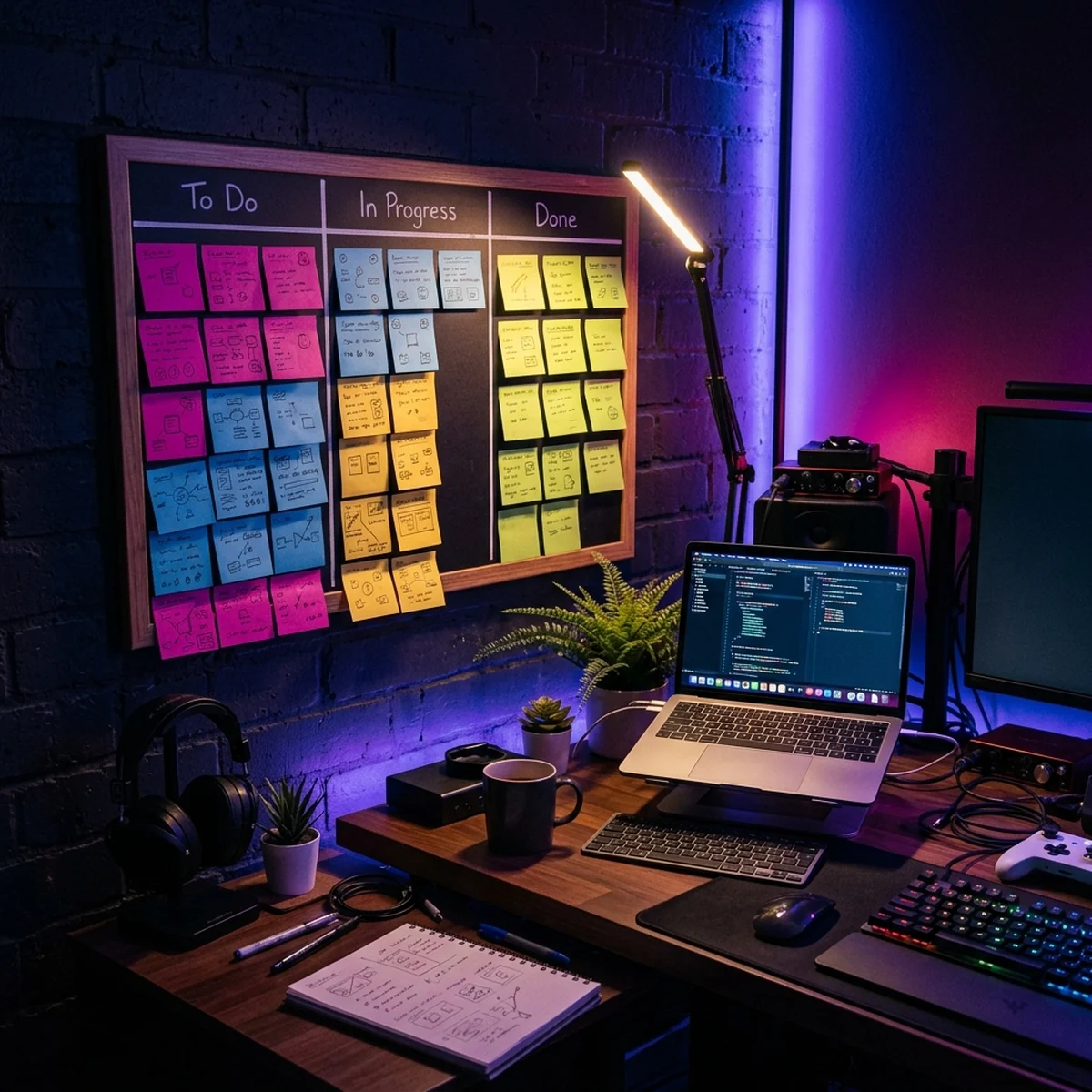 Tela de um quadro Trello com listas coloridas e cards representando tarefas de desenvolvimento de um jogo, sem texto legível