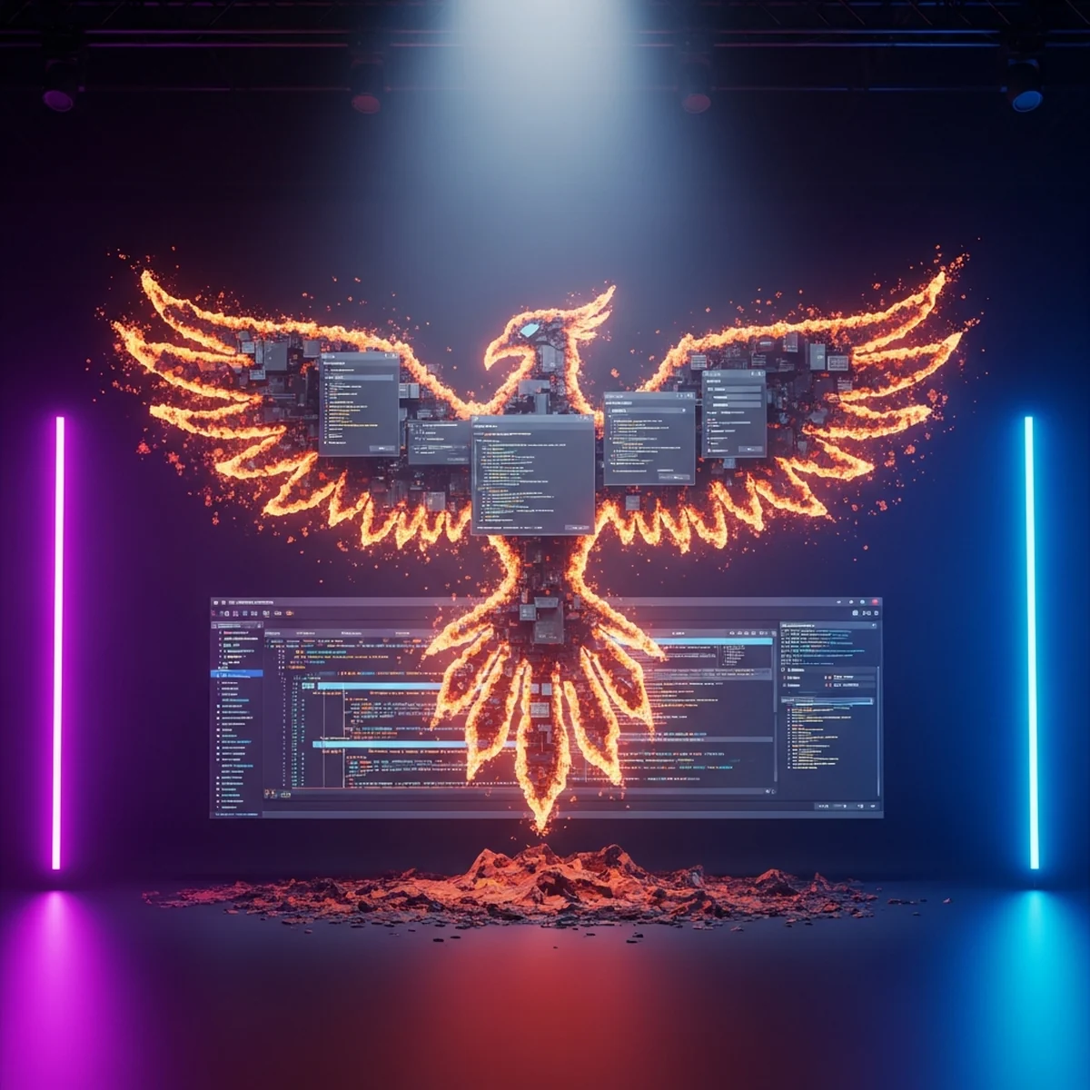 Tela de computador em uma mesa de desenvolvedor exibindo a interface de uma engine de jogos com uma cena 3d iluminada em tempo real