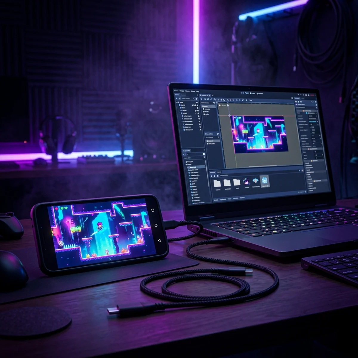 Celular Android conectado por cabo USB a um notebook com o editor de jogos aberto e o jogo rodando na tela do aparelho