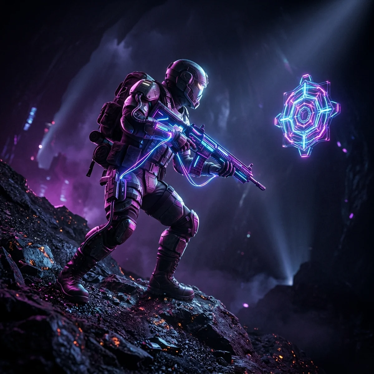 Personagem 3D segurando uma arma com linhas de IK ligando as mãos ao cabo e a cabeça virada para um alvo luminoso