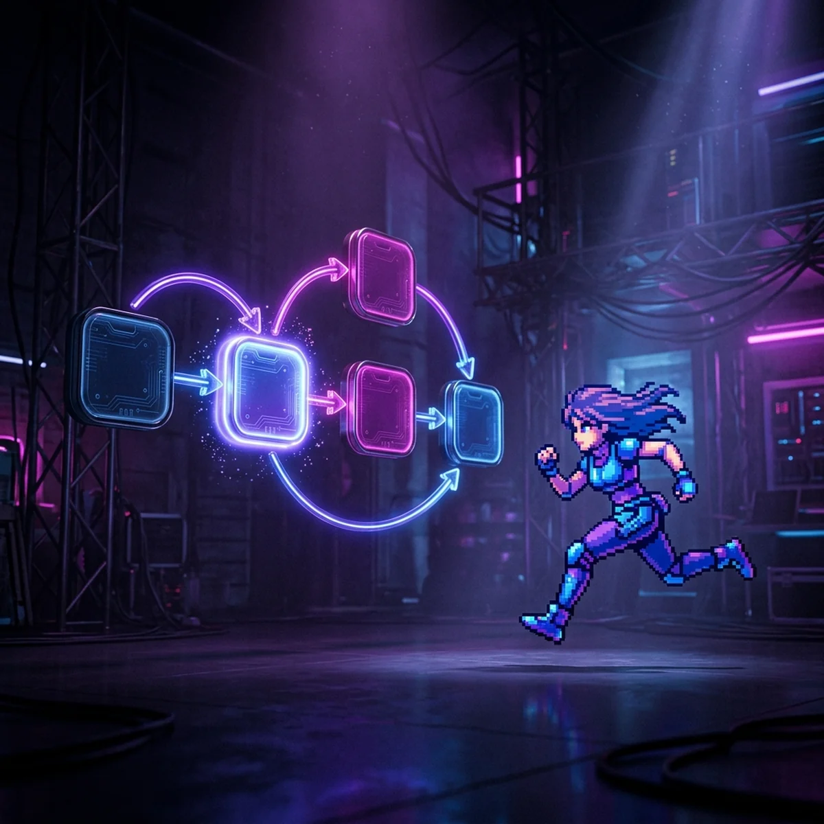 Grafo de estados de animação com caixas Idle, Walk e Jump ligadas por setas ao lado de um personagem em pose de corrida