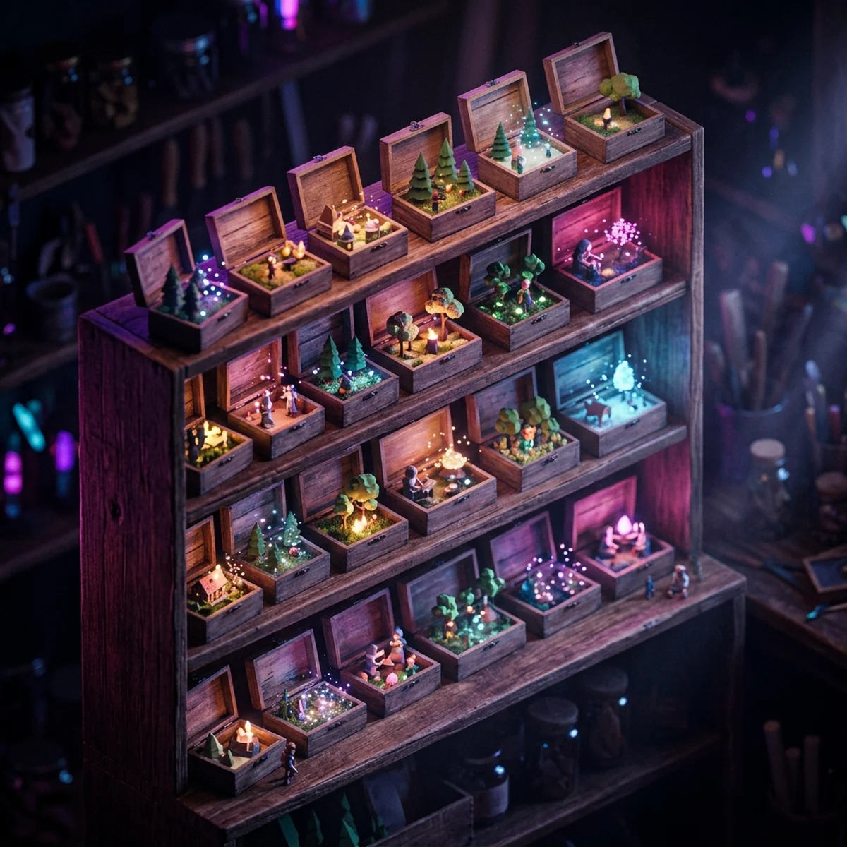 Prateleira de loja com caixas de assets de jogo, algumas abertas mostrando personagens, árvores e efeitos de partícula
