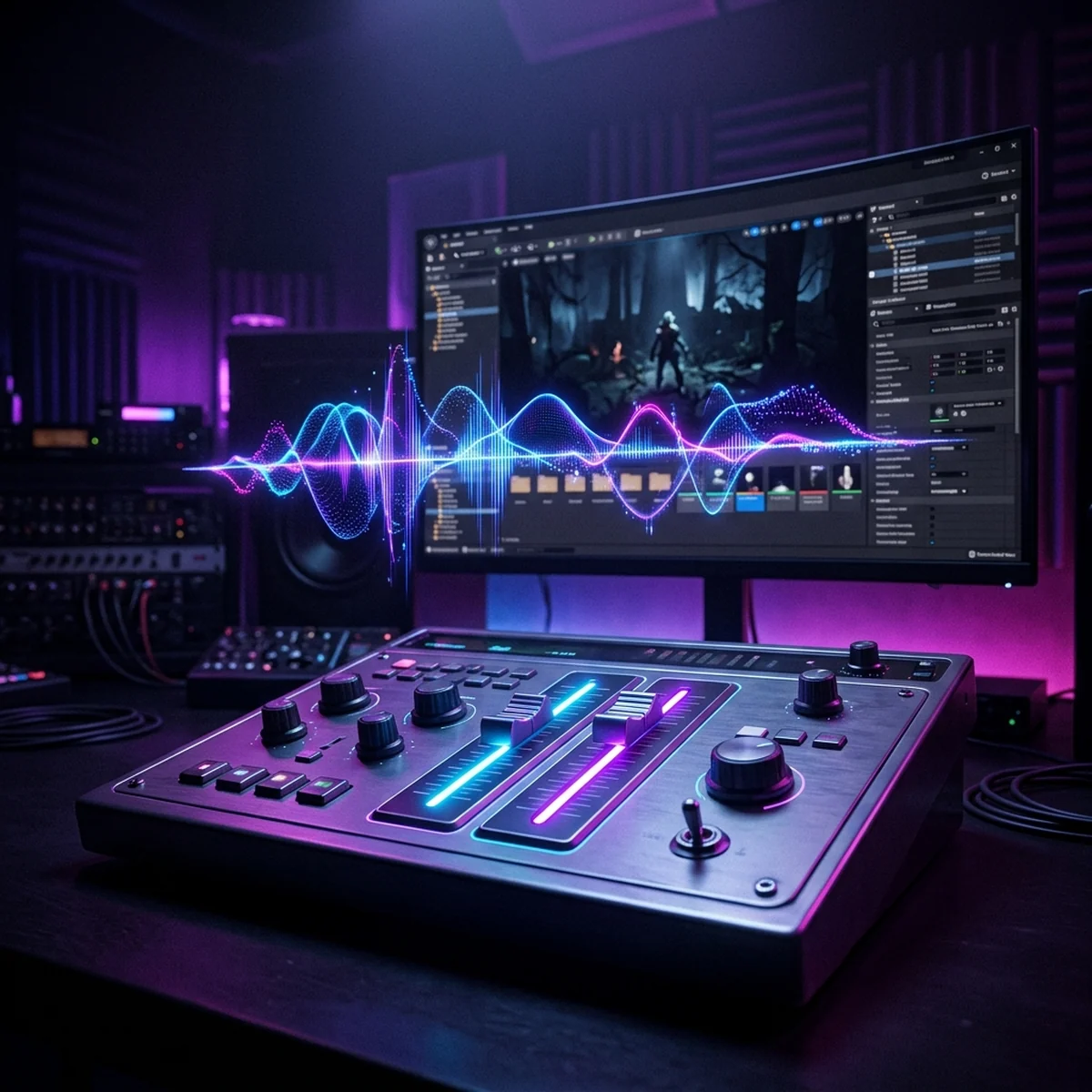 Mesa de som estilizada com dois controles deslizantes, um para música e outro para efeitos, dentro da janela de um editor de jogos