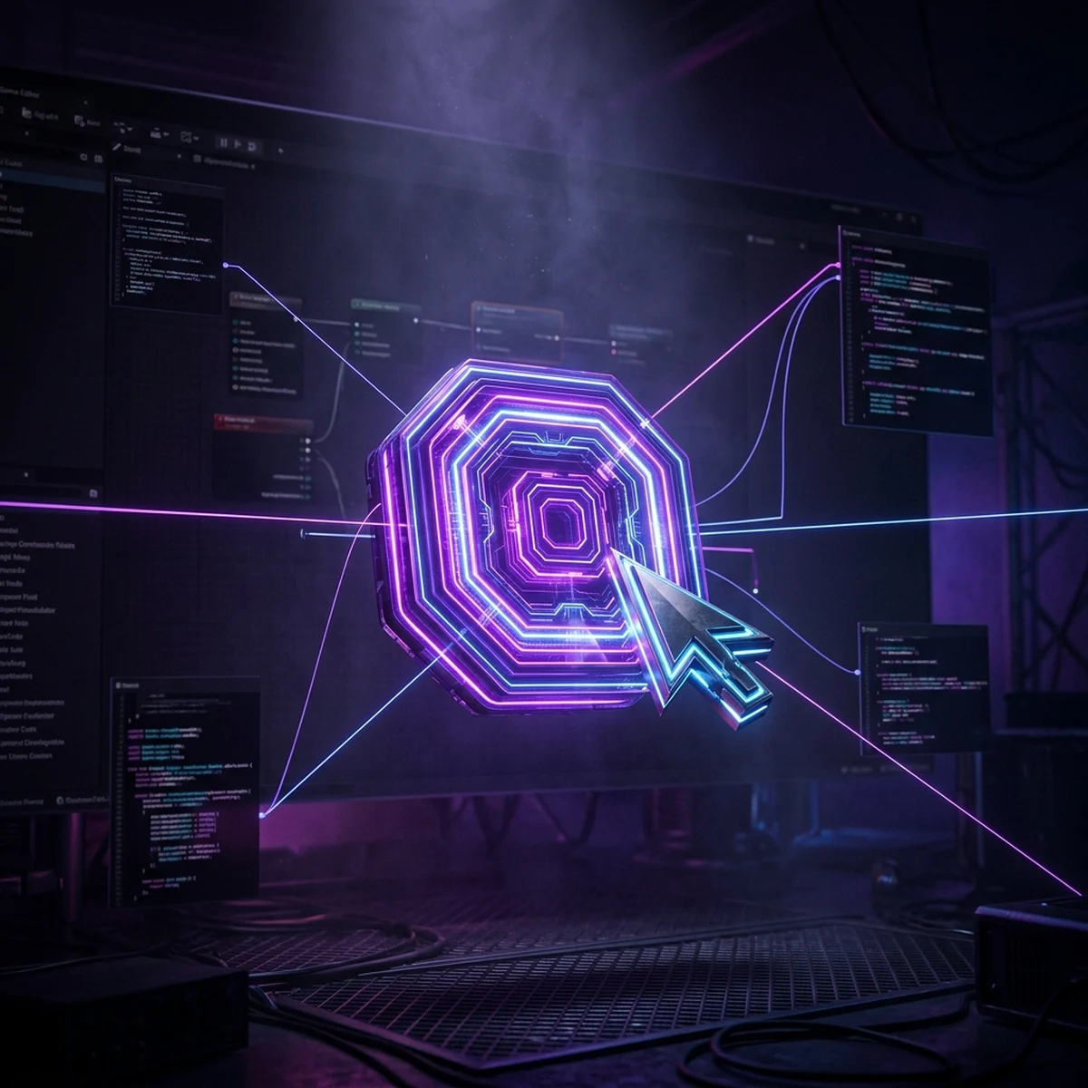 Botão de interface destacado num editor de jogo com um cursor clicando e linhas ligando o botão a um script