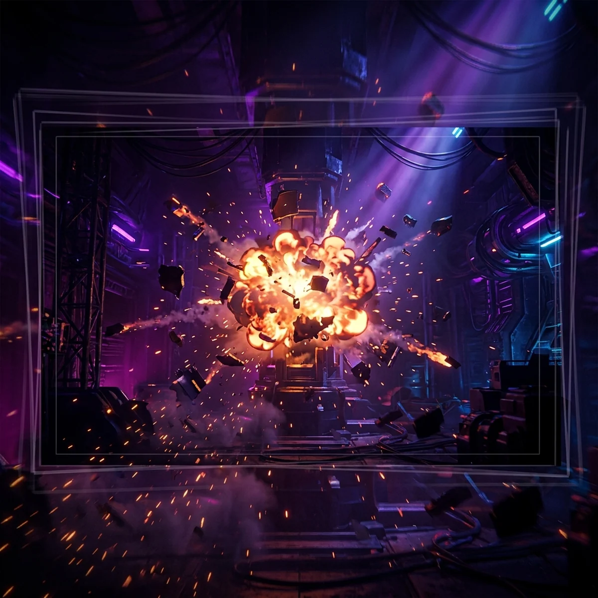 Cena de jogo com uma explosão e o quadro da câmera deslocado em várias posições sobrepostas, sugerindo tremor