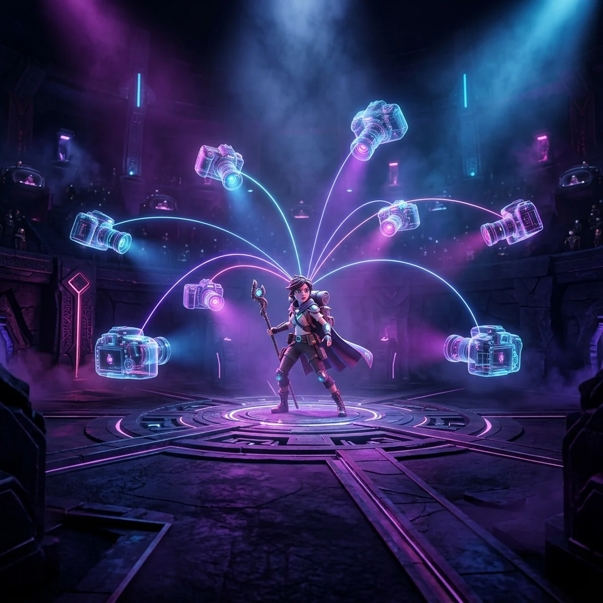 Várias câmeras virtuais flutuando ao redor de um personagem 3D numa arena, ligadas por linhas de transição suaves