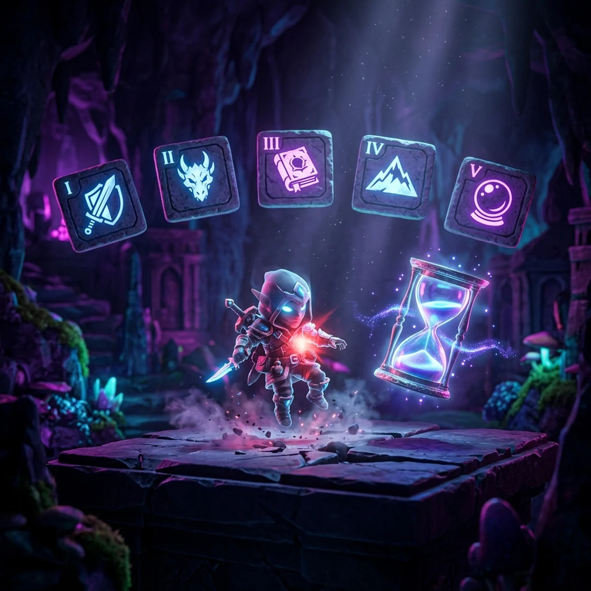 Personagem de jogo piscando após levar dano com uma ampulheta e uma fila de eventos numerados ao fundo