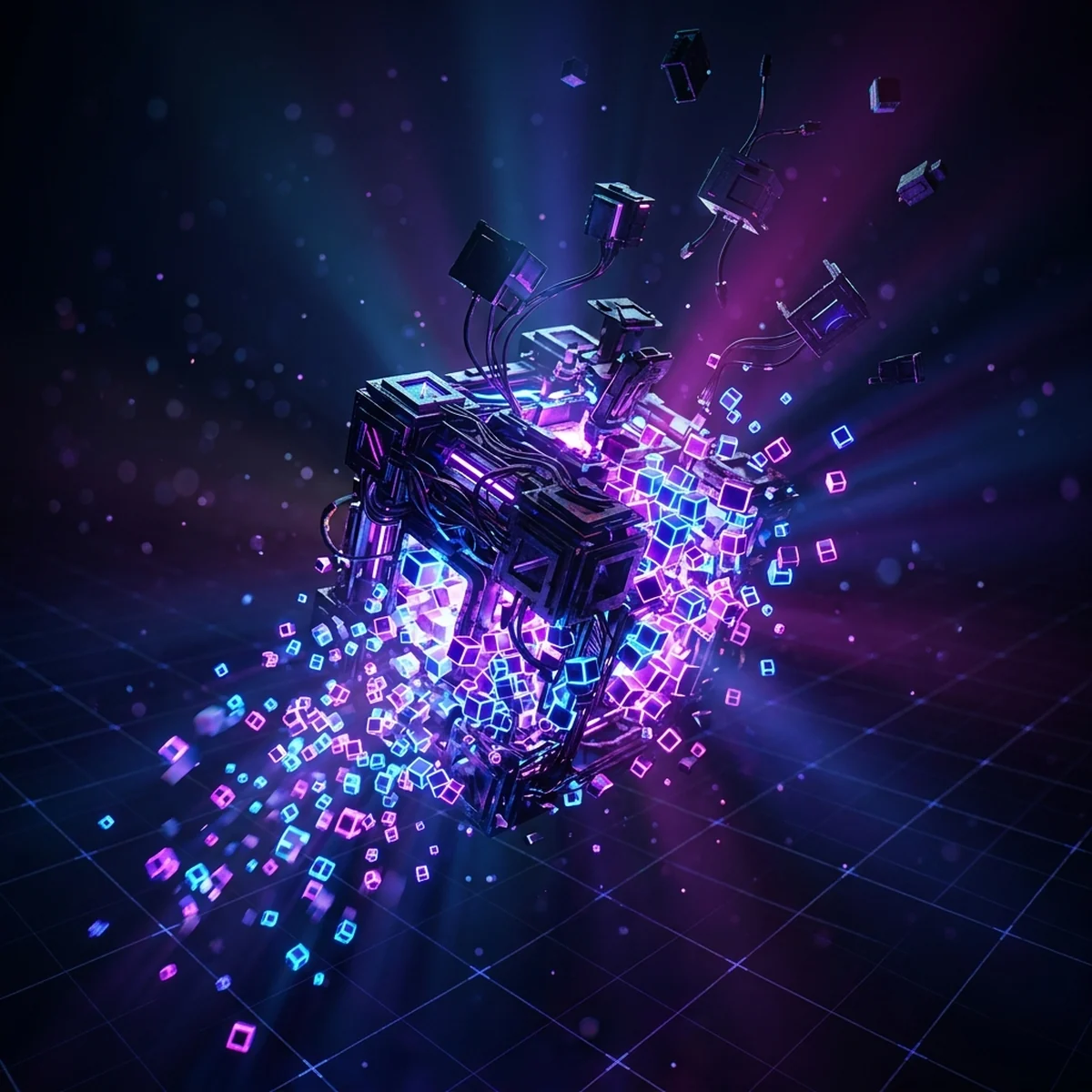 Bloco de jogo se desfazendo em pequenos cubos luminosos enquanto peças filhas se soltam ao redor