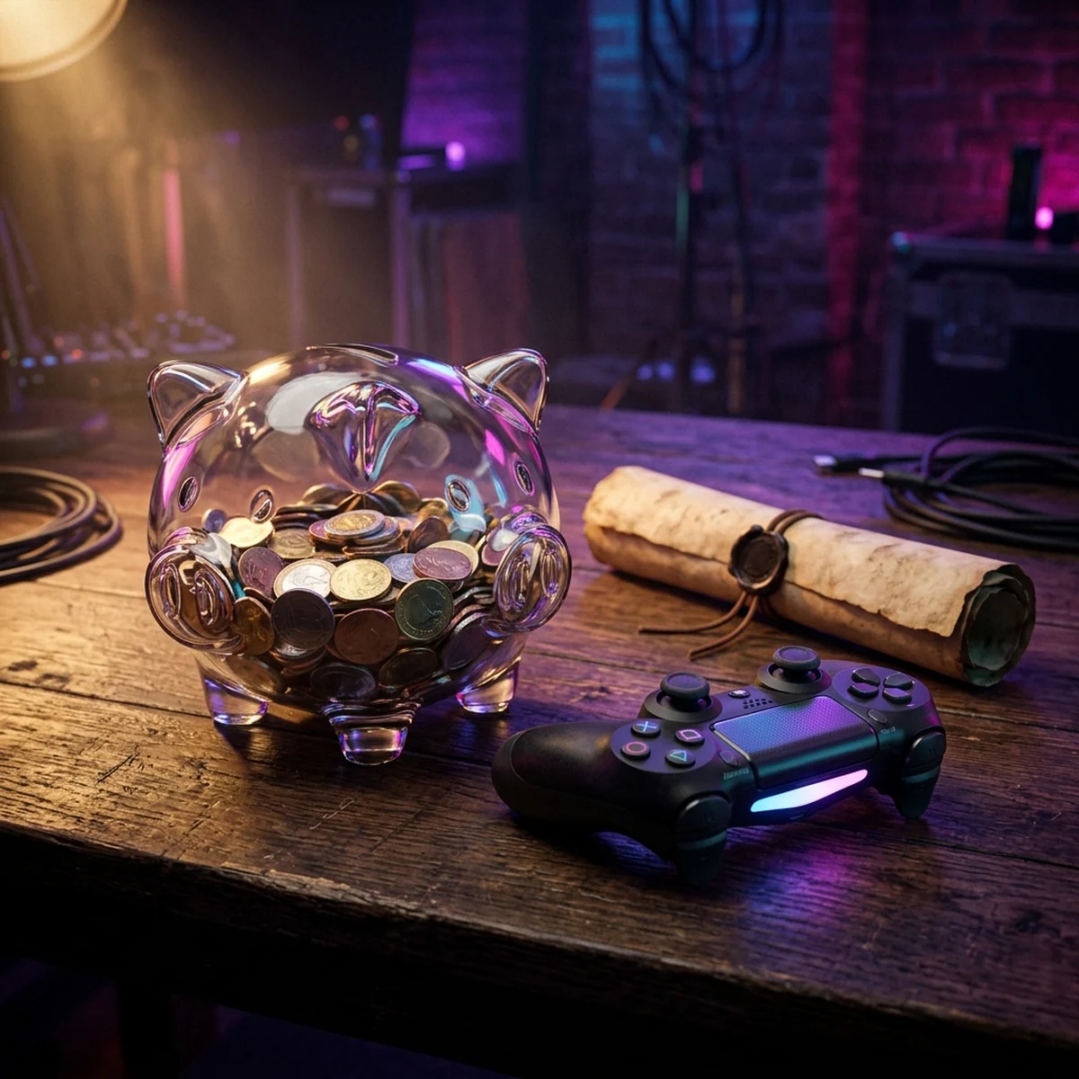 Cofrinho de moedas ao lado de um controle de videogame e um contrato de licença sobre a mesa de um desenvolvedor