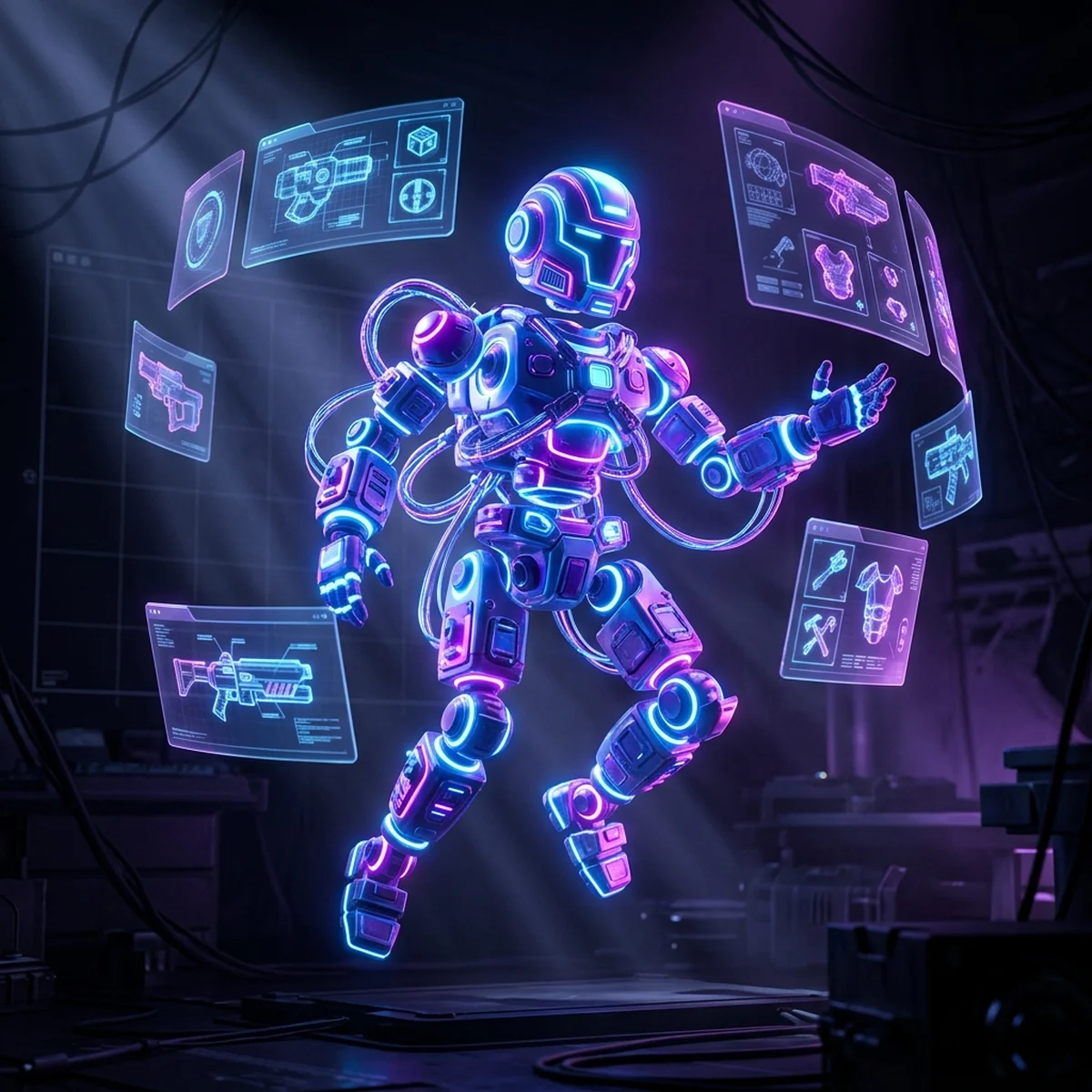 Personagem de jogo com peças encaixáveis ao redor, cada peça representando um componente ligado por fios ao corpo