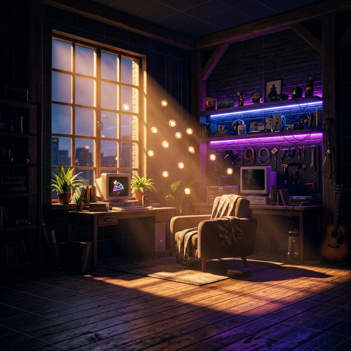 Sala 3D estilizada com luz quente entrando pela janela e esferas de light probes flutuando no ar