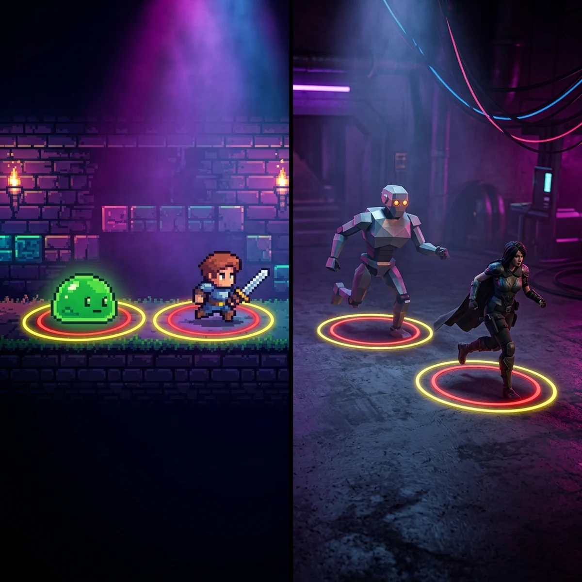Slime 2D e robô 3D lado a lado correndo atrás de um herói, com círculos de detecção desenhados no chão