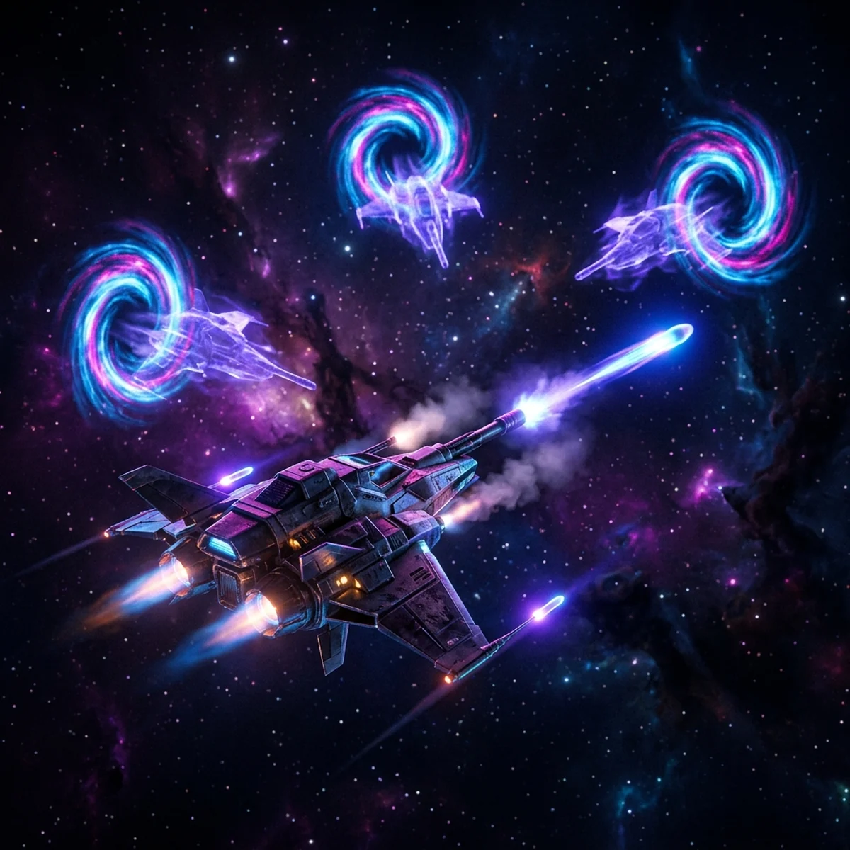 Nave espacial disparando projéteis que surgem de um ponto na ponta do canhão, com cópias de inimigos aparecendo ao fundo