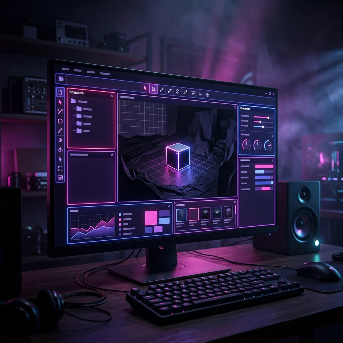 Editor de jogos com vários painéis organizados lado a lado, uma cena 3D no centro e listas de objetos nas laterais