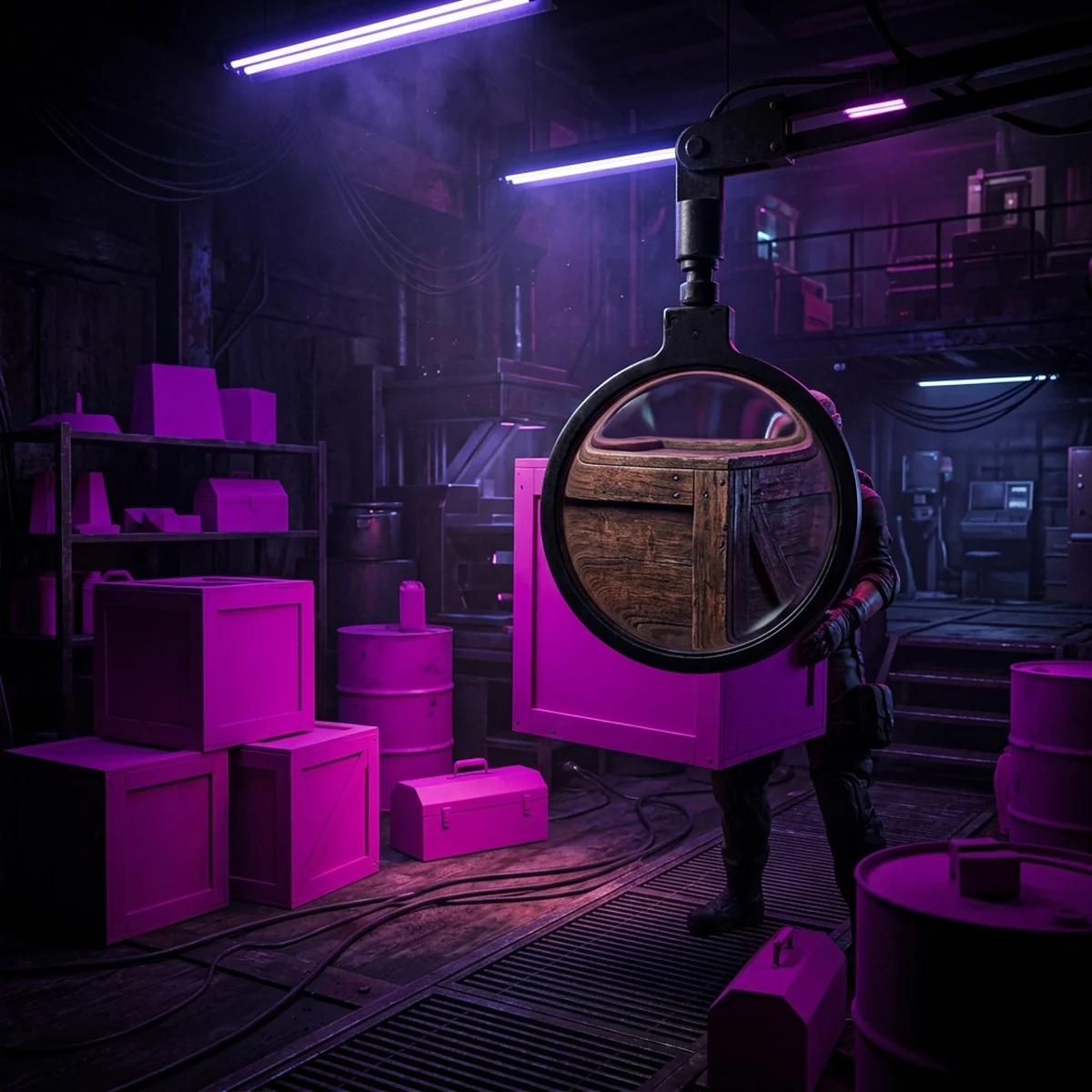 Cena de jogo 3D com vários objetos em magenta chapado e uma lupa revelando a textura original em um deles