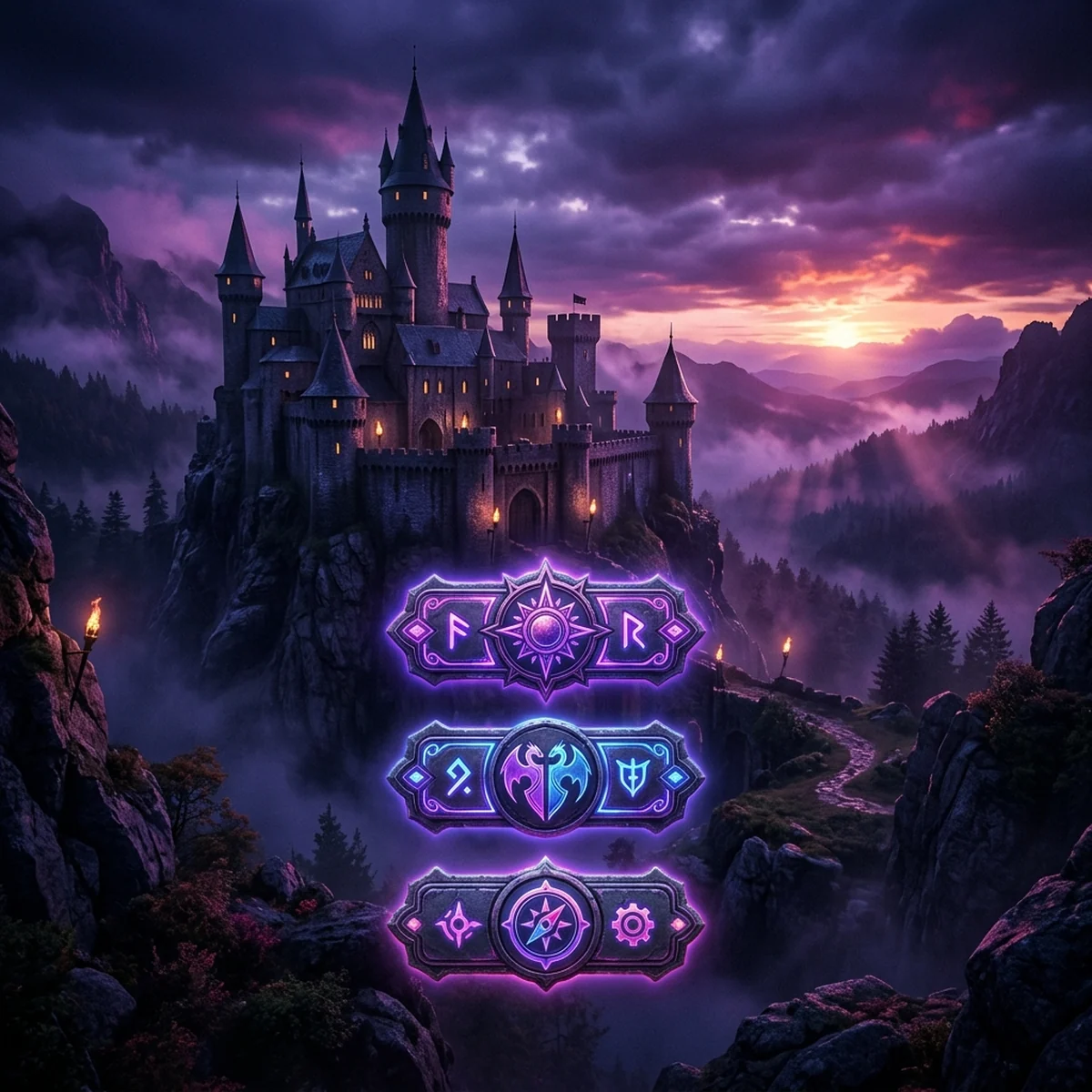 Tela de título de um jogo com três botões empilhados sobre um cenário de fantasia ao entardecer