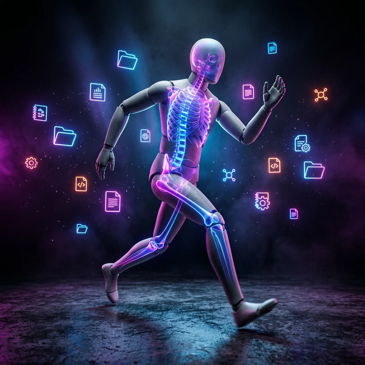 Personagem 3D humanoide saindo da pose em T e começando a correr, com um esqueleto destacado sobreposto ao corpo