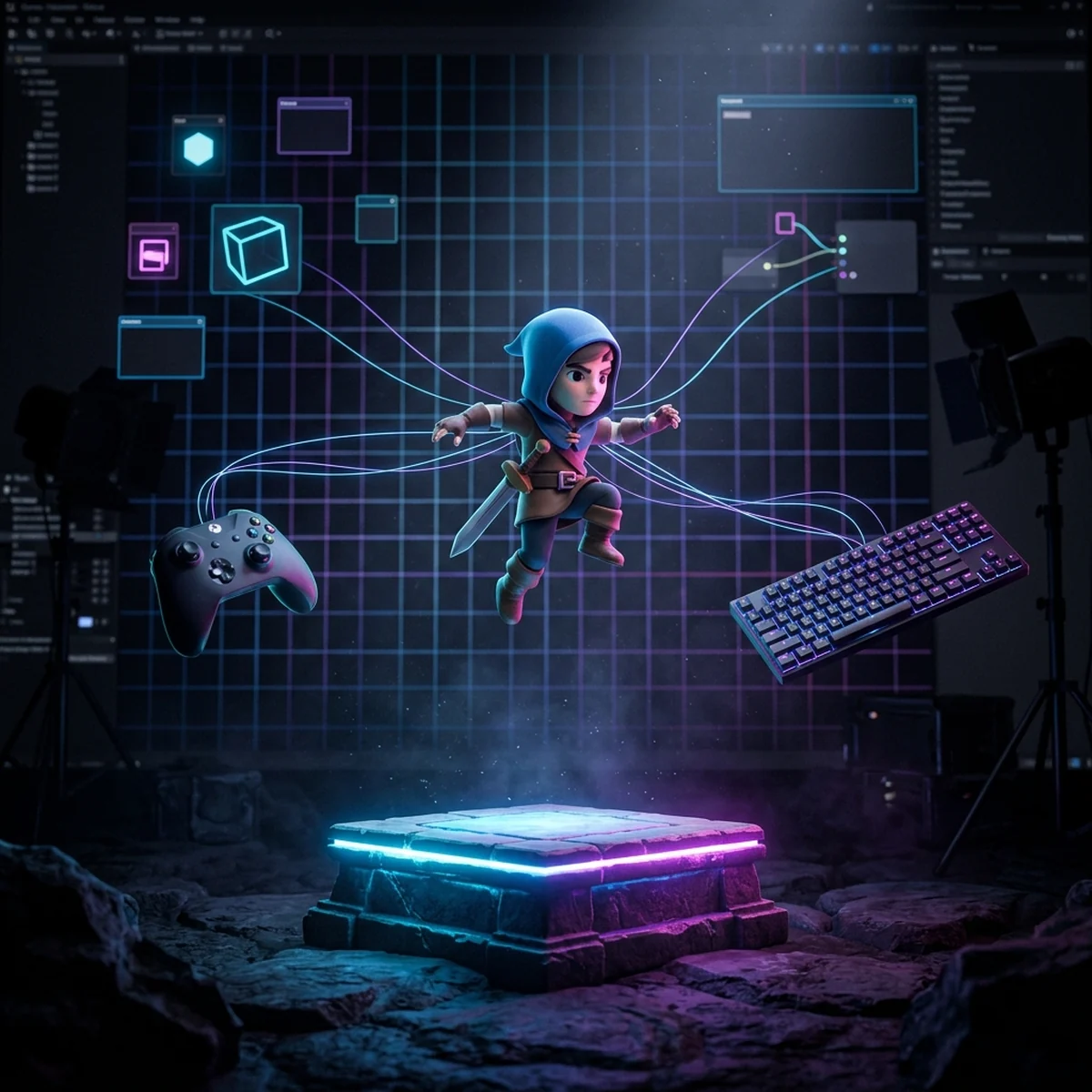 Personagem 2D andando numa plataforma enquanto teclado e controle aparecem ligados a ele por linhas de luz