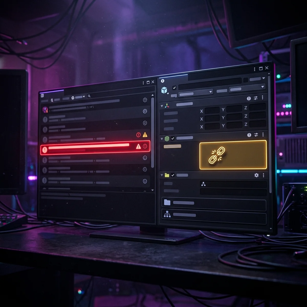 Janela de console de um editor de jogo com uma linha de erro vermelha destacada e um campo vazio no Inspector ao lado