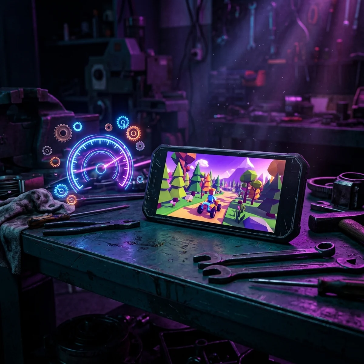 Celular simples rodando um jogo 3D com um velocímetro de FPS ao lado e engrenagens sendo ajustadas