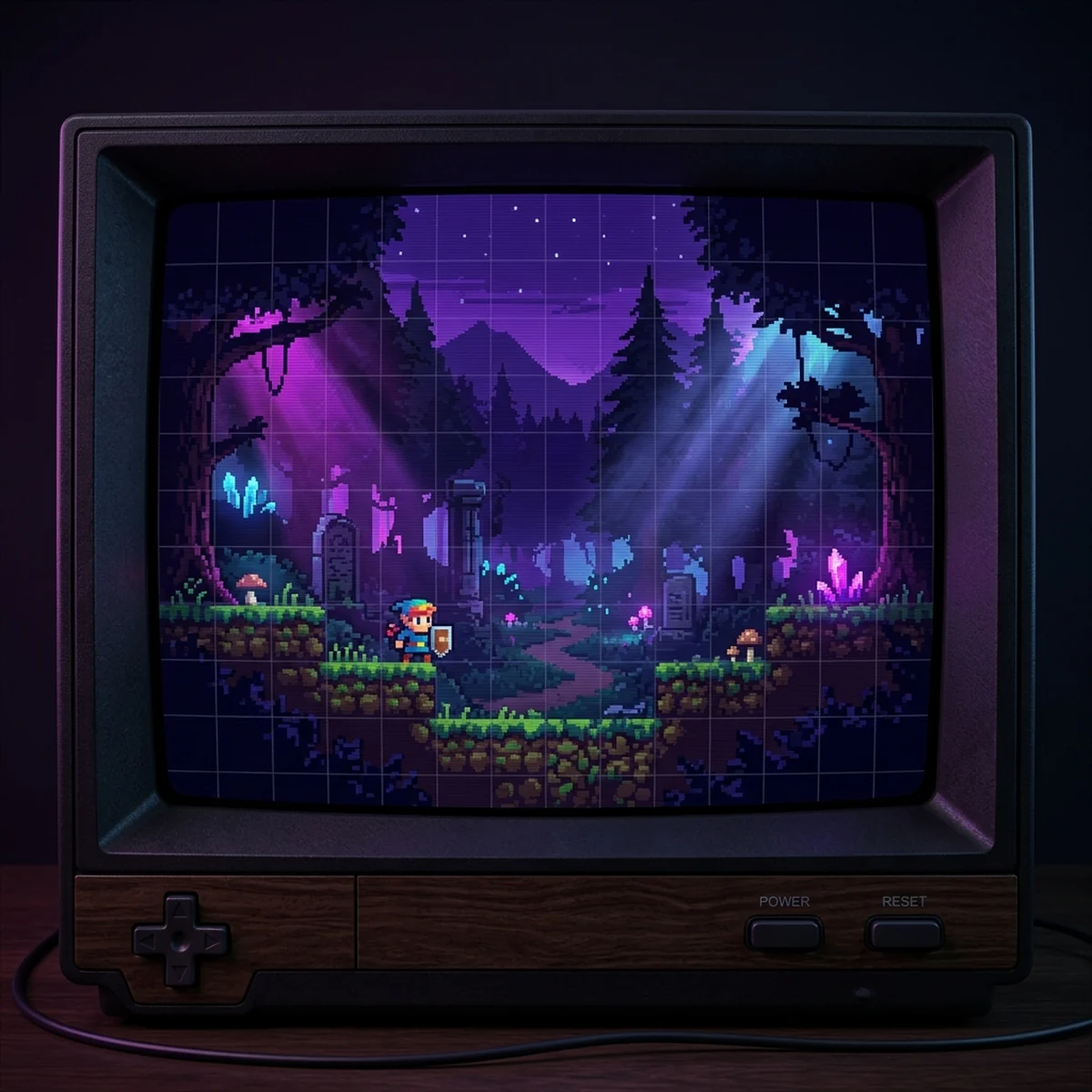 Cenário em pixel art com uma grade de pixels sobreposta e pixels todos do mesmo tamanho, nítidos