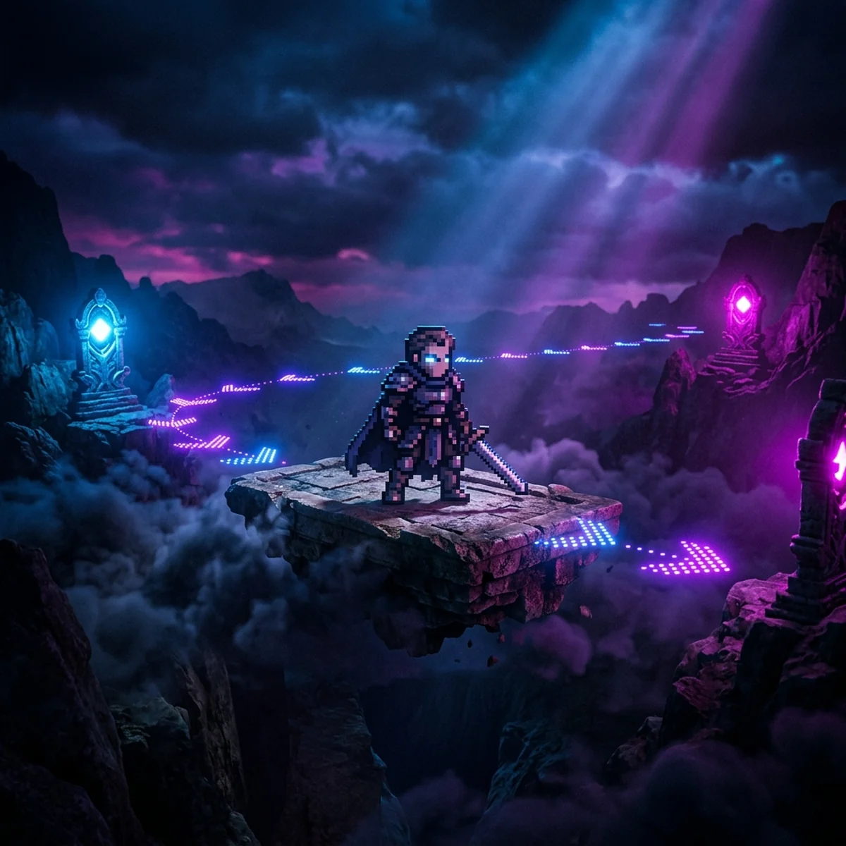 Personagem 2D em pixel art em cima de uma plataforma flutuante que desliza entre dois pontos marcados, com setas indicando o trajeto