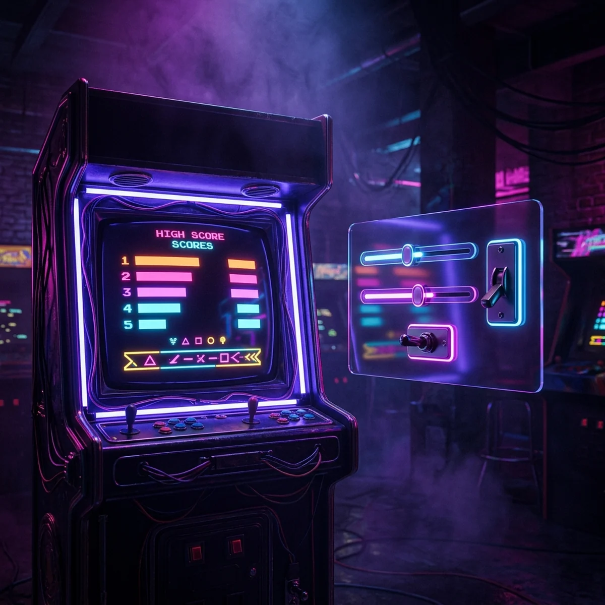 Placar de recorde de jogo arcade ao lado de controles deslizantes de volume e qualidade numa tela de opções