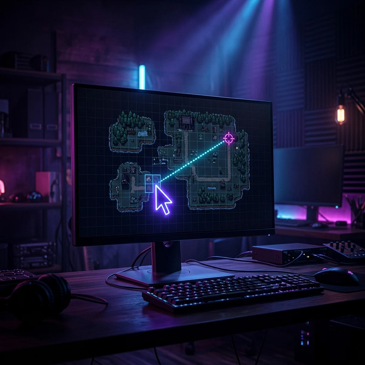 Cursor de mouse sobre uma grade de jogo 2D com uma linha pontilhada ligando a tela ao ponto no mundo