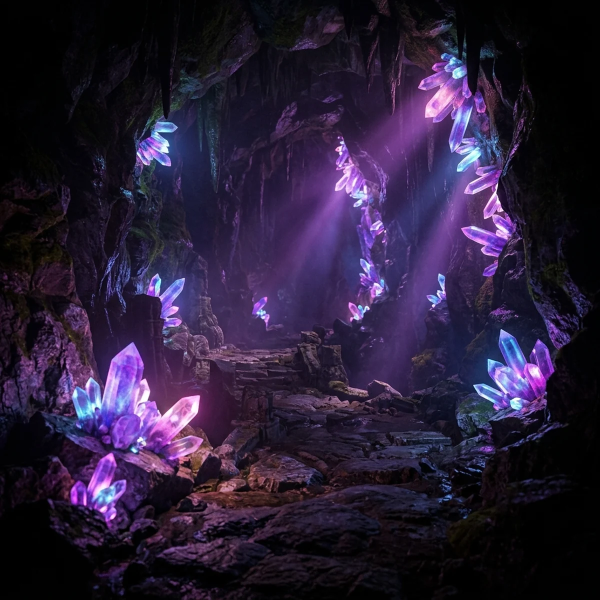 Cena de jogo noturna com cristais brilhando em bloom suave, bordas escurecidas pela vinheta e cores quentes de color grading