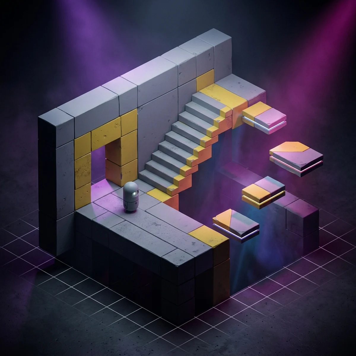 Fase 3D em blocos cinza com corredor, escada, porta e plataformas, e uma cápsula representando o jogador