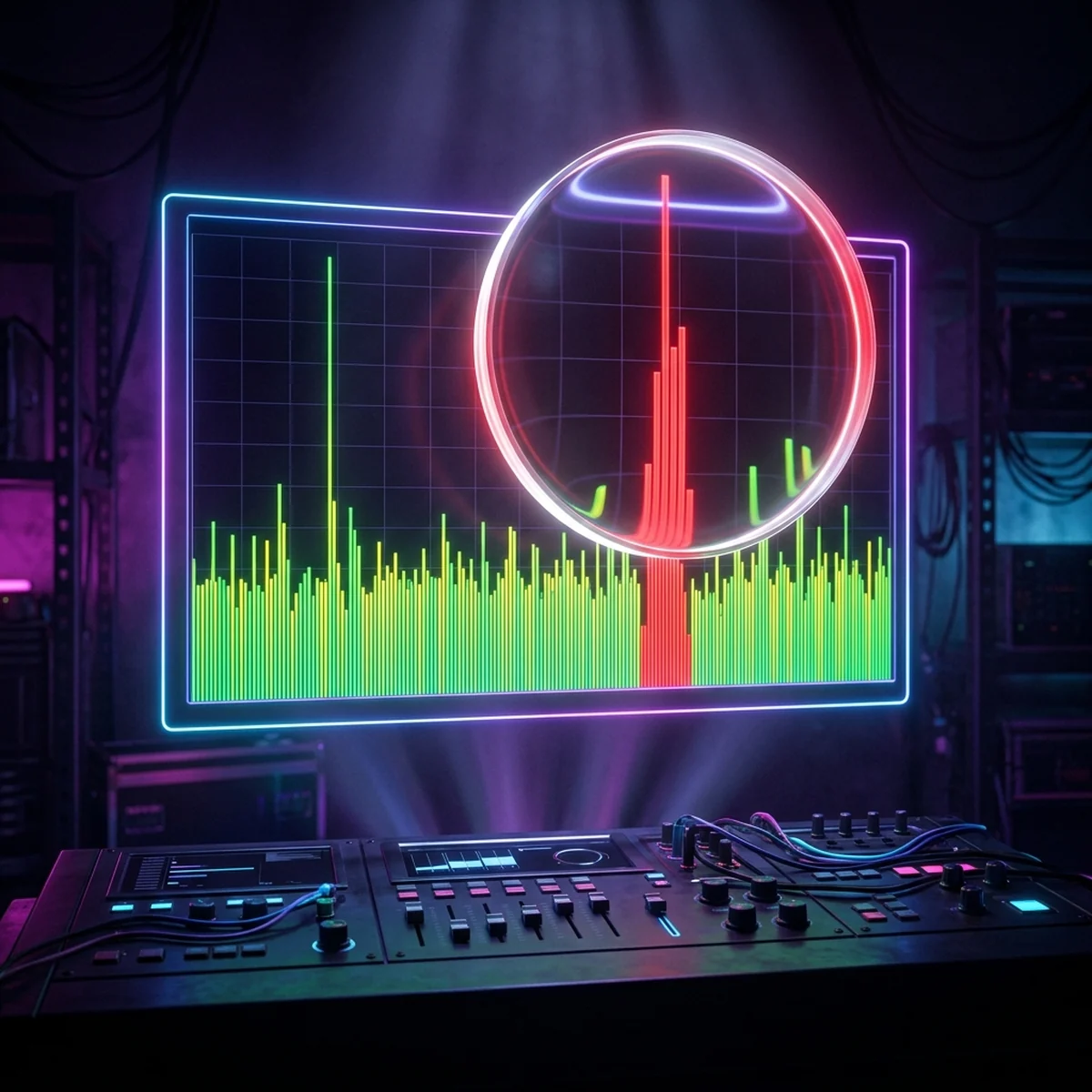Gráfico de barras coloridas de tempo de frame com um pico vermelho destacado por uma lupa sobre um painel de editor