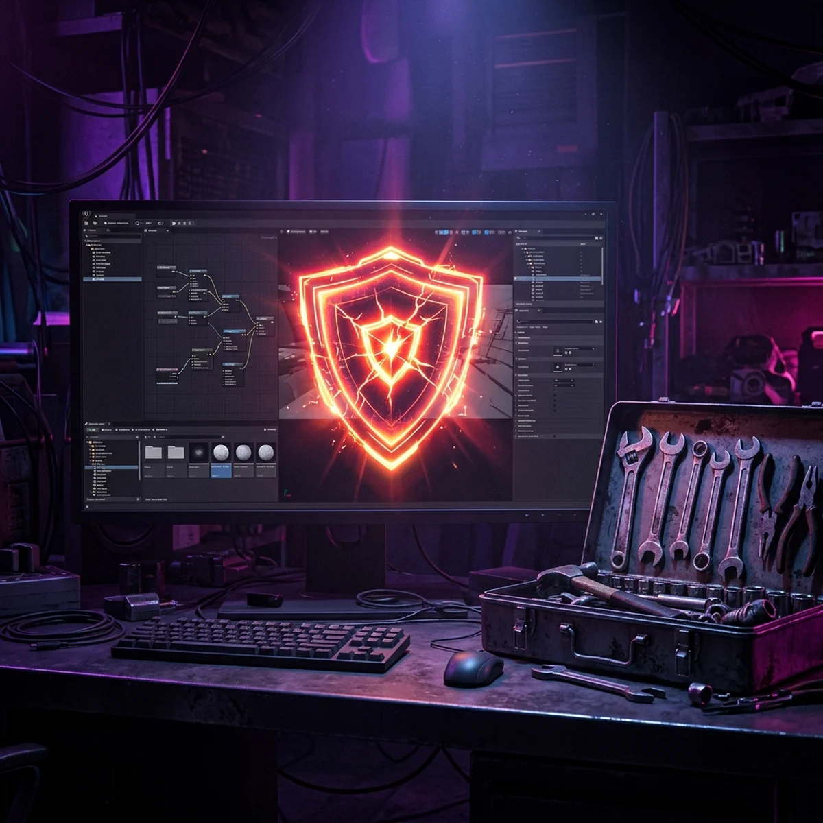 Janela de editor de jogos em tons de cinza com um escudo de alerta no centro e uma caixa de ferramentas aberta ao lado