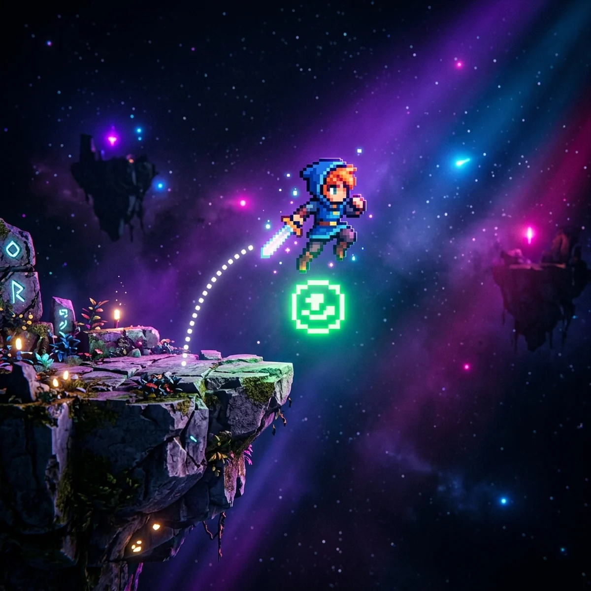 Personagem 2D em pixel art no meio de um pulo saindo da borda de uma plataforma, com a curva do salto desenhada no ar e uma caixa verde sob os pés