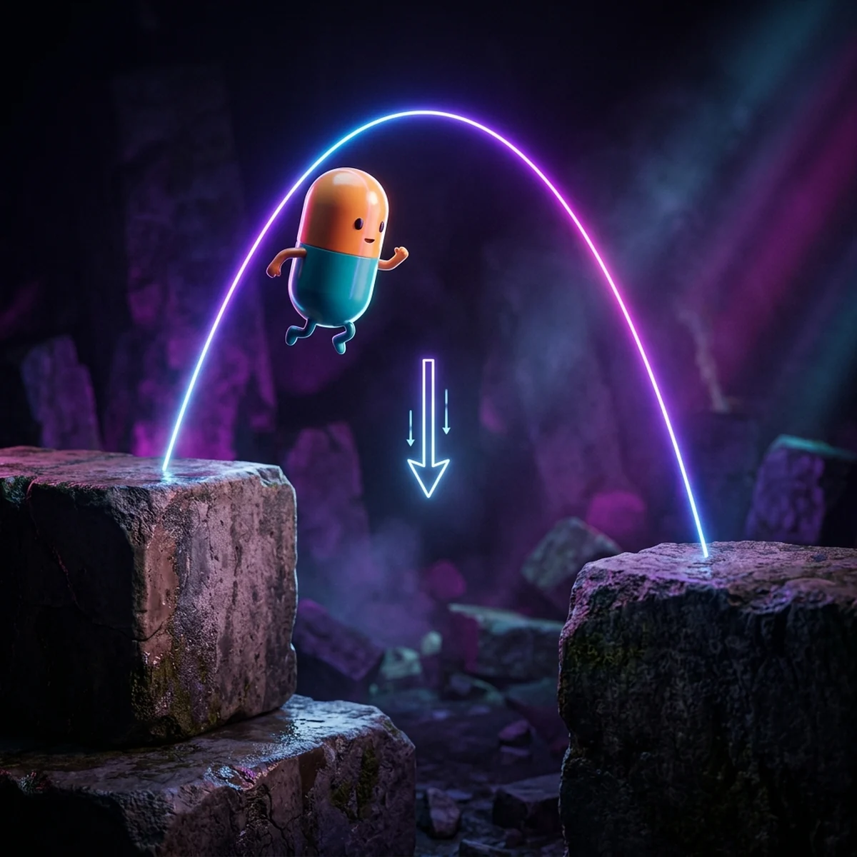 Personagem 3D em formato de cápsula pulando entre blocos, com a parábola do salto desenhada e uma seta de gravidade apontando para baixo