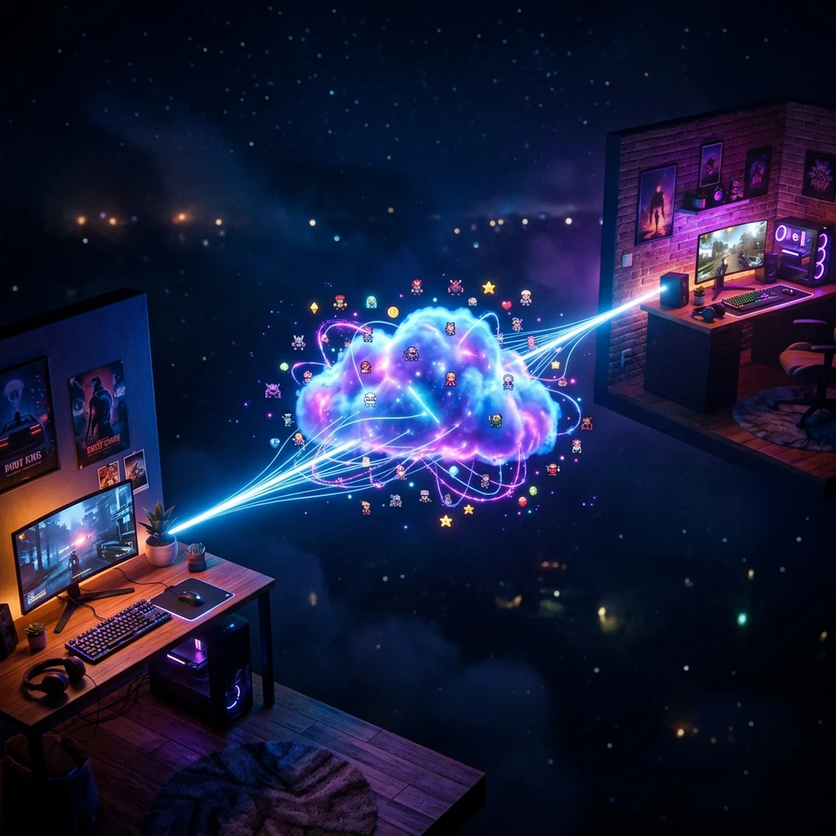 Dois computadores em lugares diferentes ligados por uma linha de luz que passa por uma nuvem central com um código de seis letras