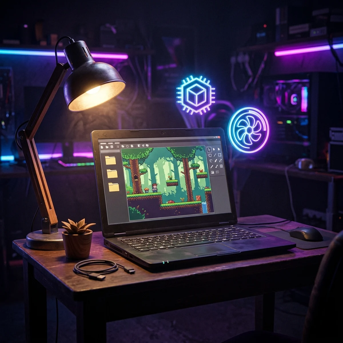 Notebook simples sobre uma mesa rodando um editor de jogos com uma cena 2D leve, ventoinha e medidores de memória ao redor