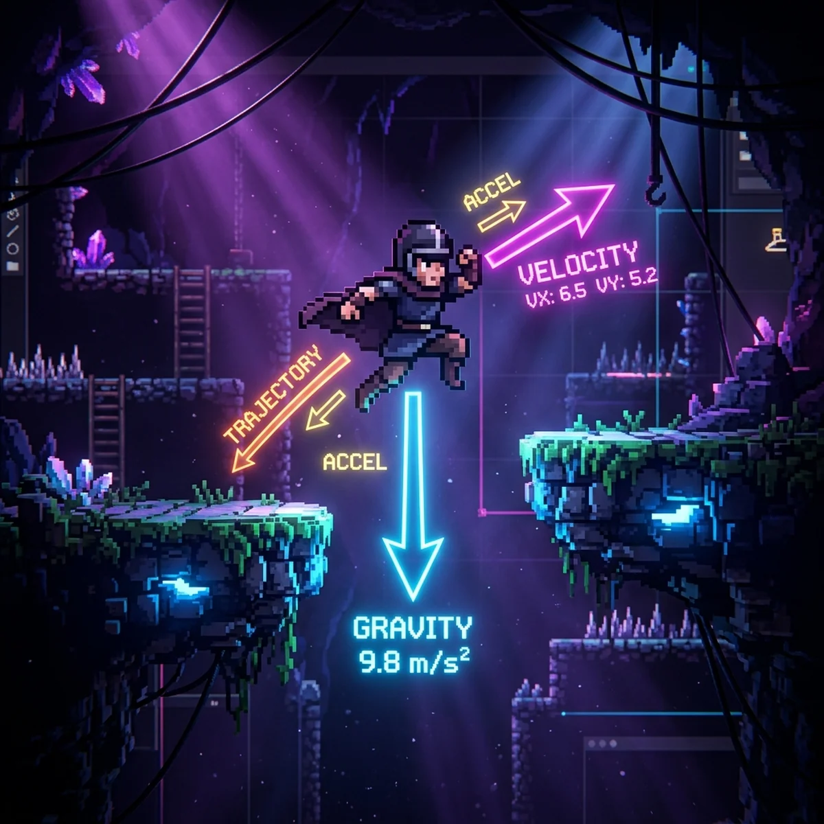 Personagem 2D em pixel art no meio de um salto sobre plataformas, com setas indicando gravidade e velocidade