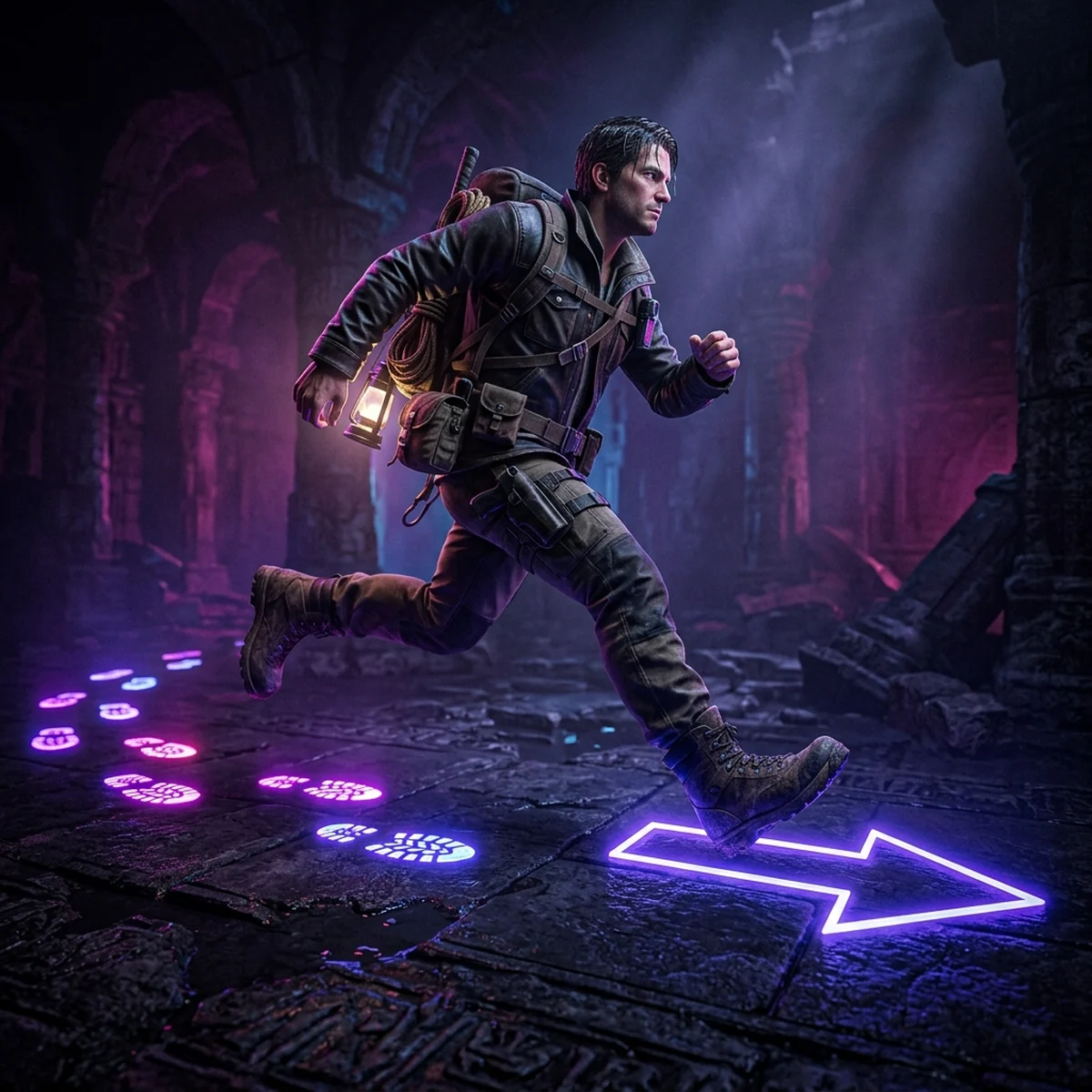 Personagem 3D dando um passo largo com pegadas brilhantes no chão e uma seta mostrando o deslocamento vindo da animação