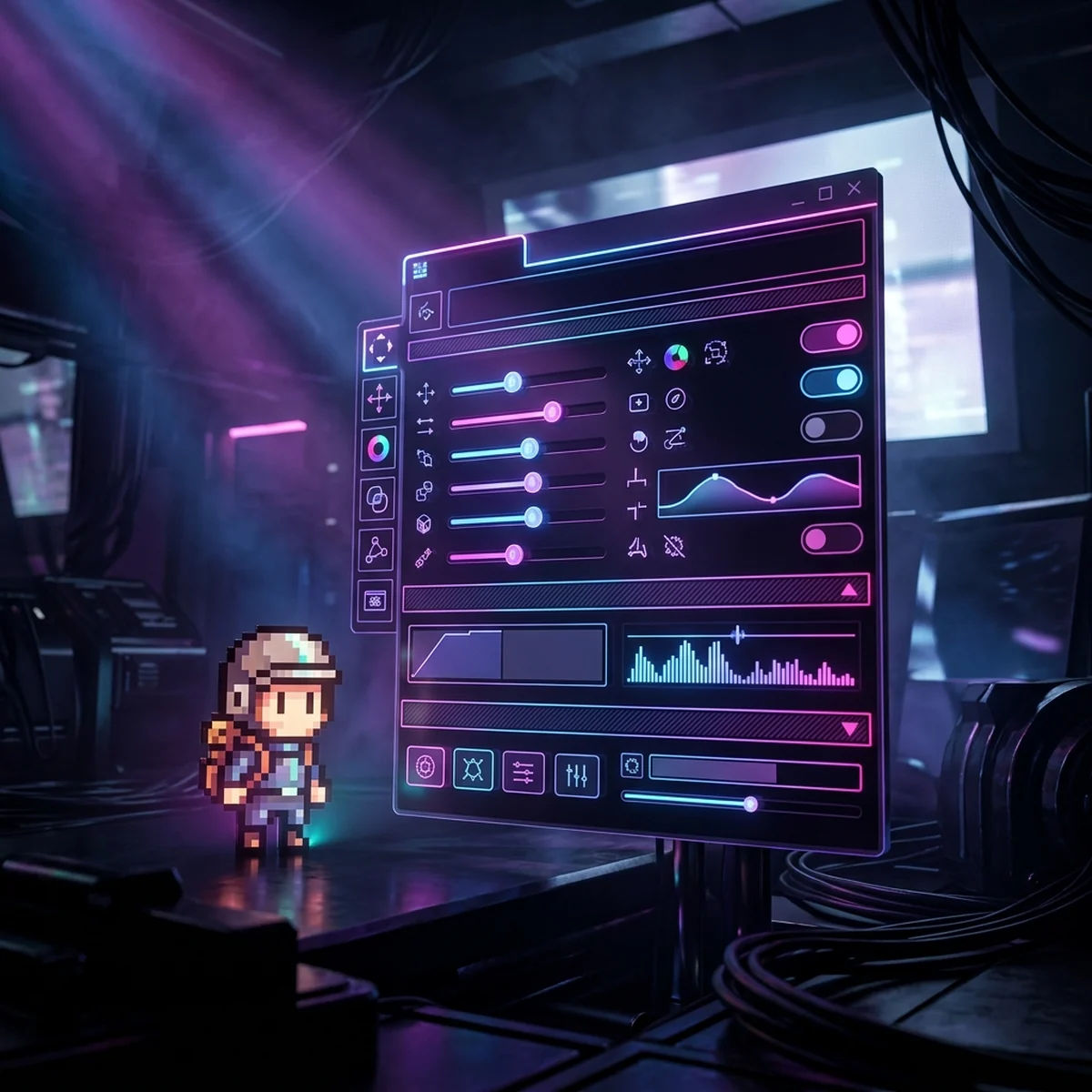 Painel de propriedades de um editor de jogos com campos, sliders e títulos organizados ao lado de um personagem