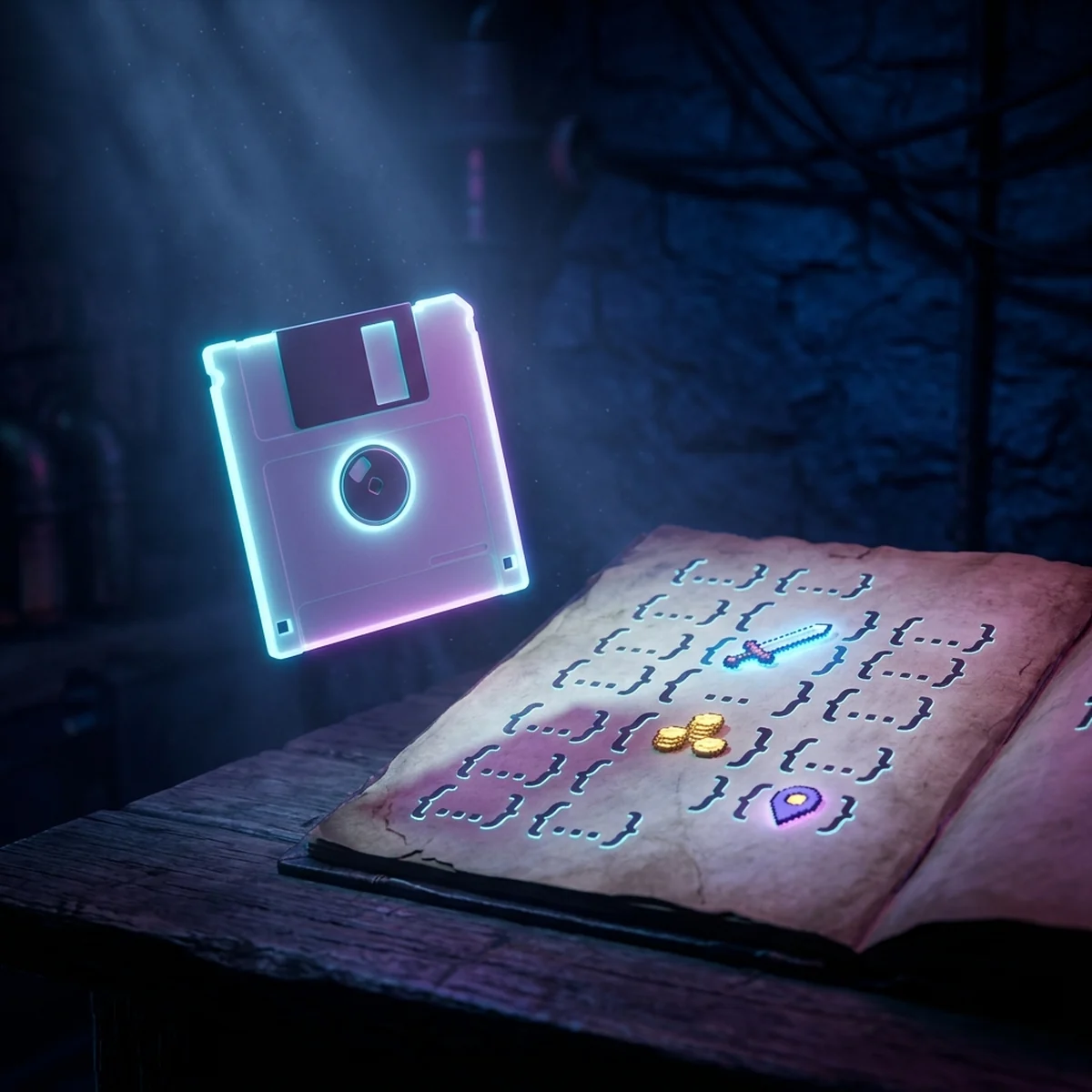 Disquete brilhante ao lado de um arquivo JSON aberto com dados de inventário e posição de um personagem