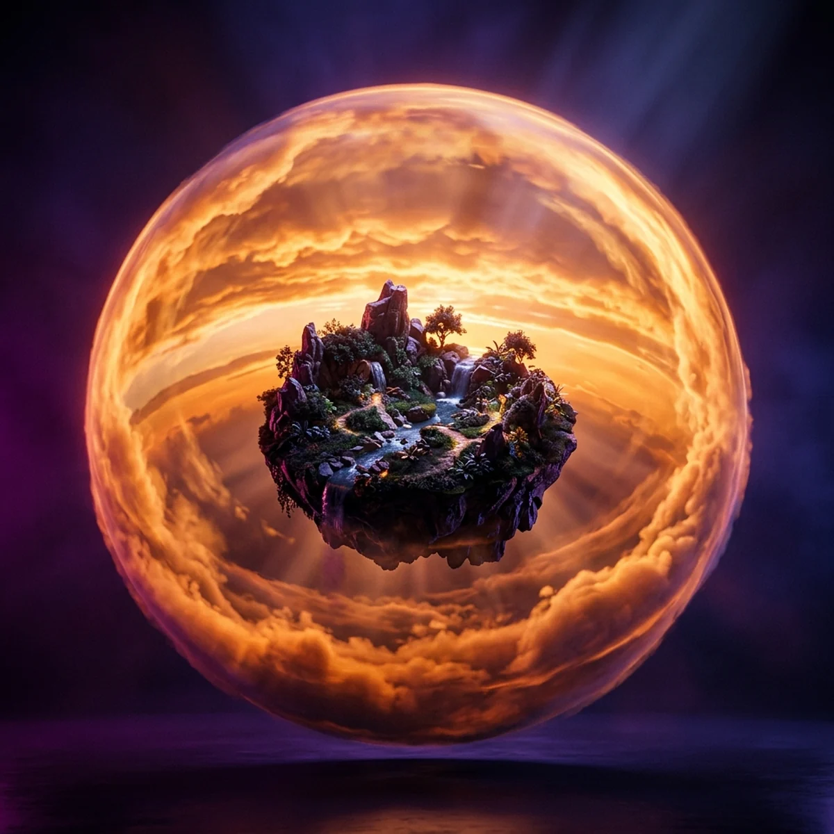 Cena 3D com um céu de nuvens alaranjadas envolvendo o terreno como uma esfera ao redor da câmera