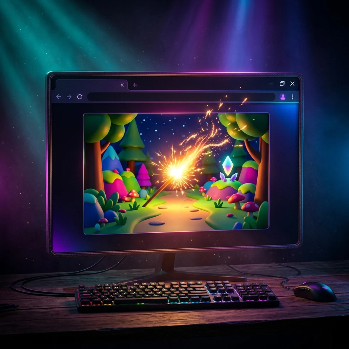 Uma faísca brilhante acendendo uma cena de jogo colorida dentro de uma janela de navegador, interface amigável sem código