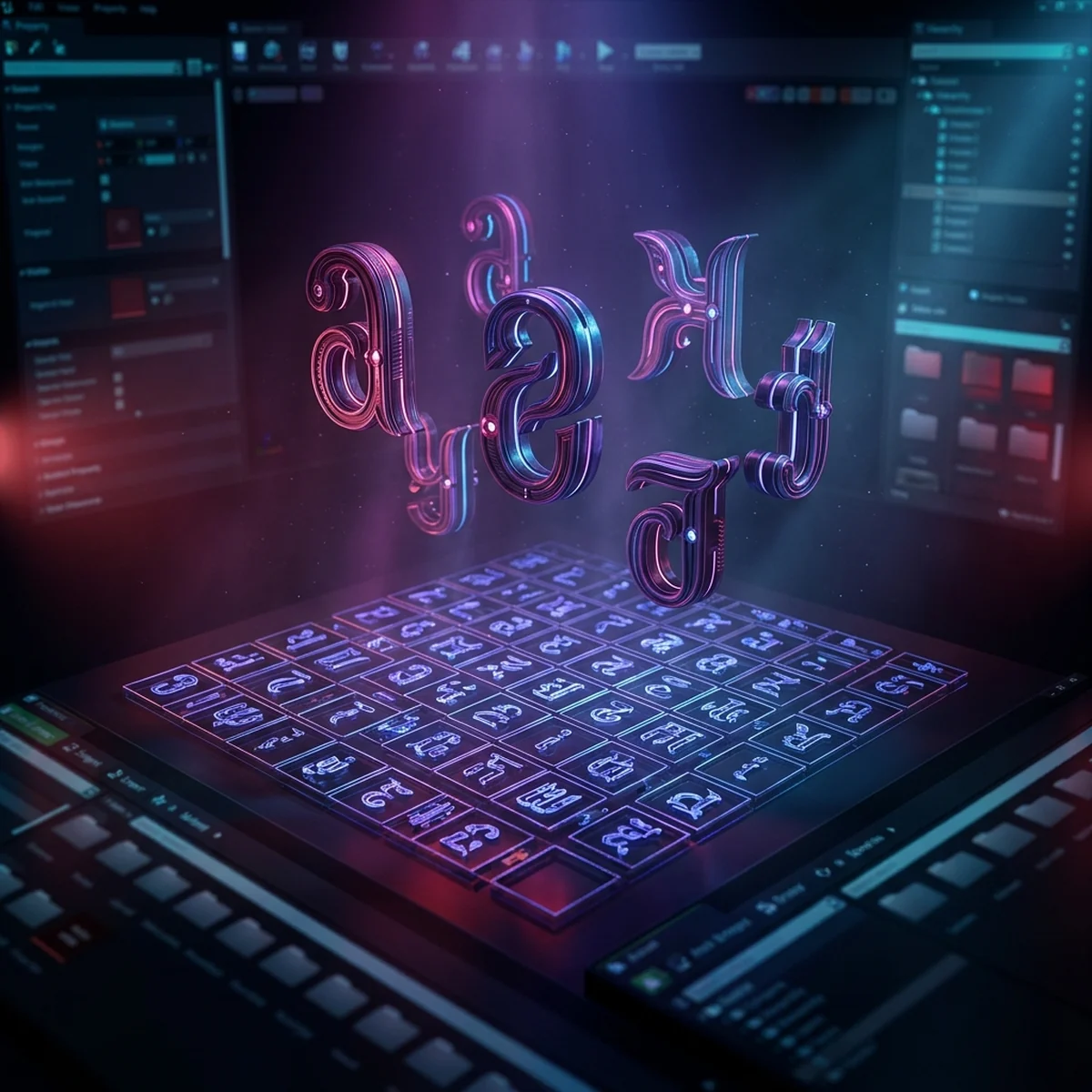 Letras grandes com acento flutuando sobre uma grade de atlas de fonte dentro de um editor de jogo