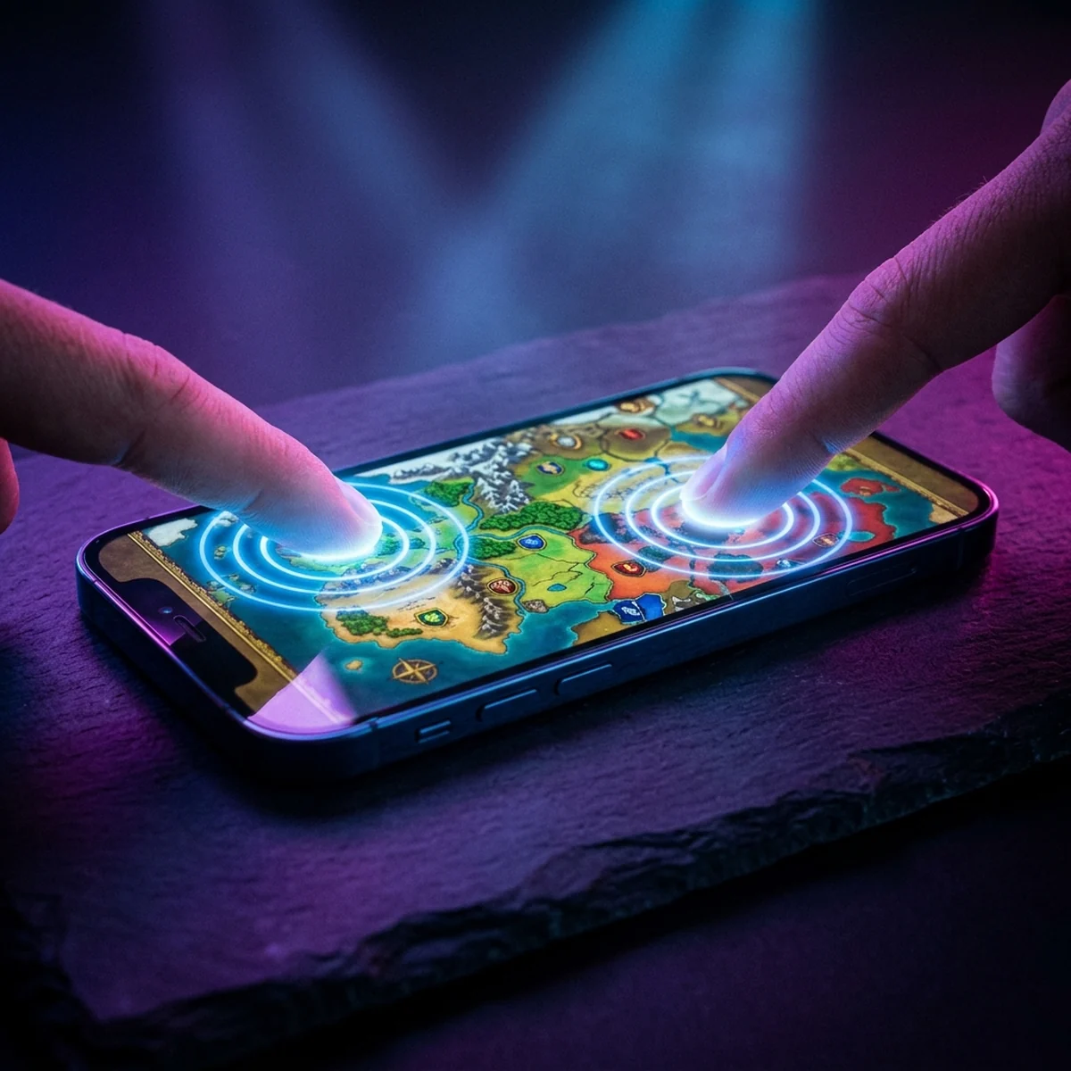 Tela de celular com dois pontos de toque brilhando afastando-se para dar zoom num mapa de jogo 2D