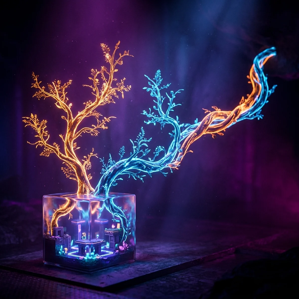 Duas ramificações de galhos luminosos saindo de um cubo de projeto de jogo, uma azul e uma laranja, se encontrando mais adiante